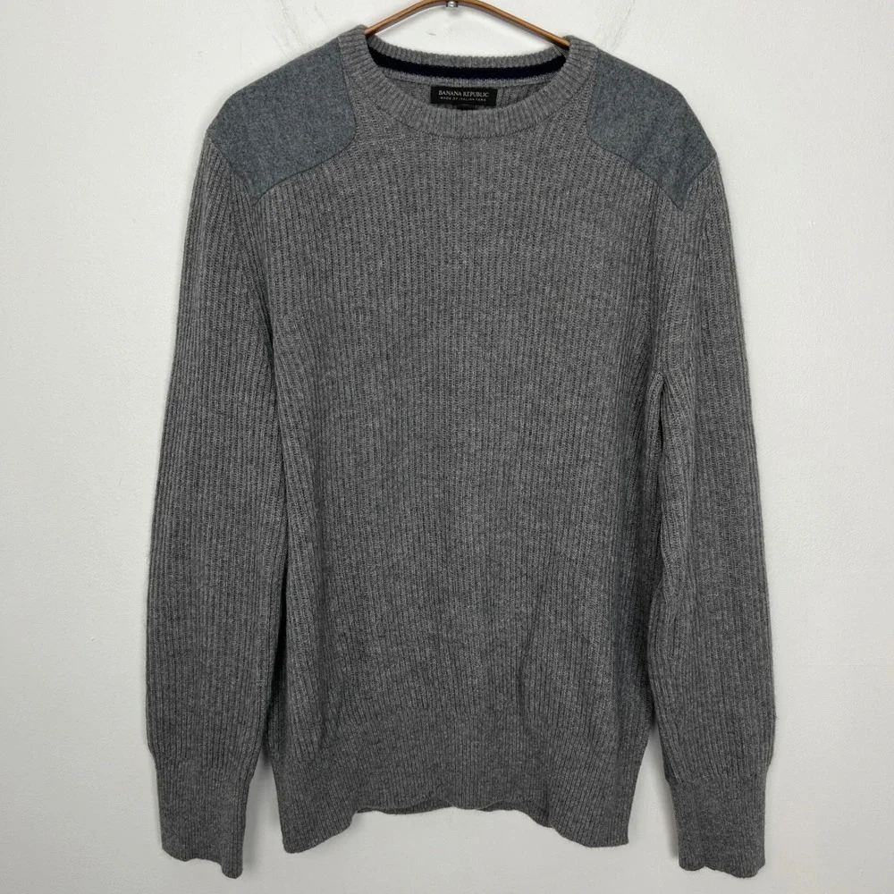 Banana Republic Mens Grey Wool Blend Ribbed Military Crewneck‎ Sweater Medium
